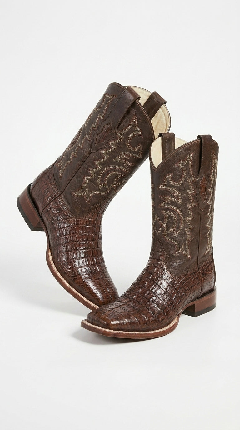 Men’s Brown Caiman Square Toe Cowboy Boots, Exotic Western Dress Boots for Rodeo and Country Wear
