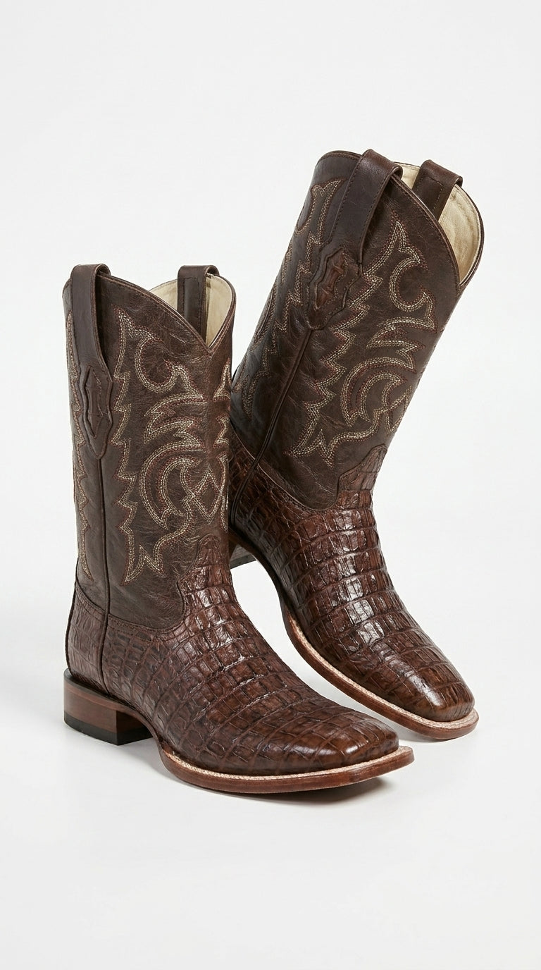 Men’s Brown Caiman Square Toe Cowboy Boots, Exotic Western Dress Boots for Rodeo and Country Wear