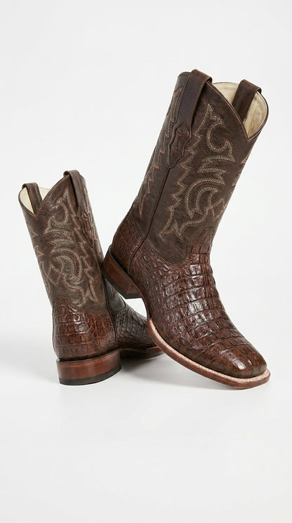 Men’s Brown Caiman Square Toe Cowboy Boots, Exotic Western Dress Boots for Rodeo and Country Wear