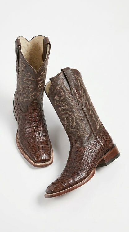 Men’s Brown Caiman Square Toe Cowboy Boots, Exotic Western Dress Boots for Rodeo and Country Wear