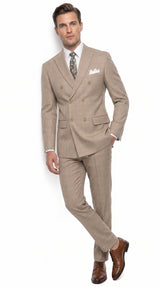 Alexander Collection Men’s Beige Double-Breasted Windowpane Suit – Regular Fit 2-Piece Wedding, Business and Formal Suit