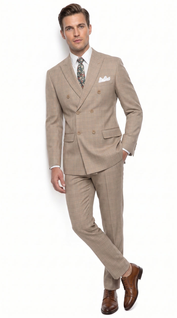 Alexander Collection Men’s Beige Double-Breasted Windowpane Suit – Regular Fit 2-Piece Wedding, Business and Formal Suit