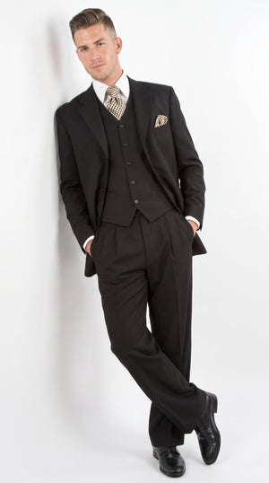 Men’s Black 3-Piece Suit – Classic Fit Three-Button Vested Suit with Single-Pleated Pants