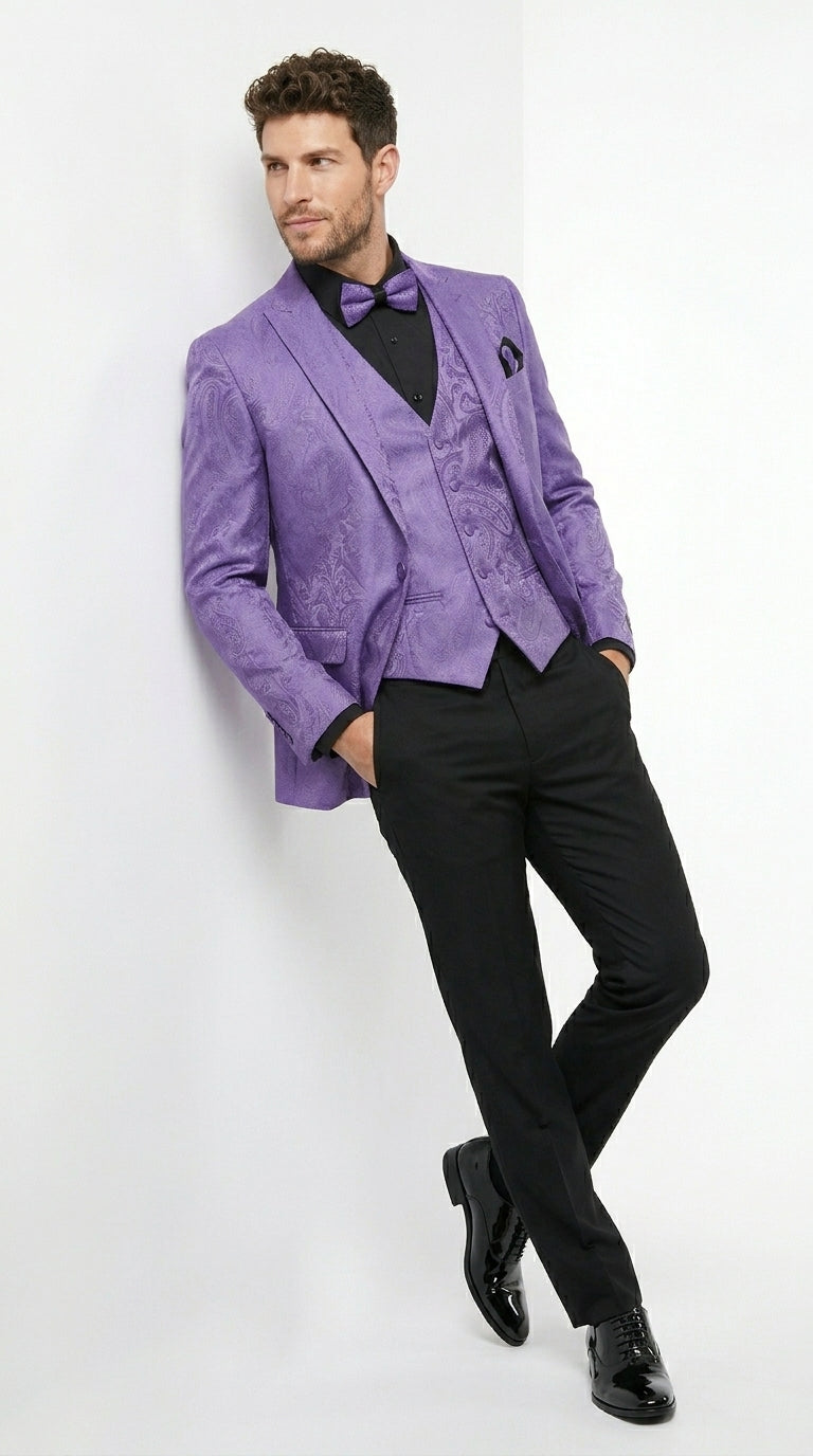 Men’s Purple Paisley Prom Tuxedo Suit, Wedding Floral Jacket with Matching Vest and Pants