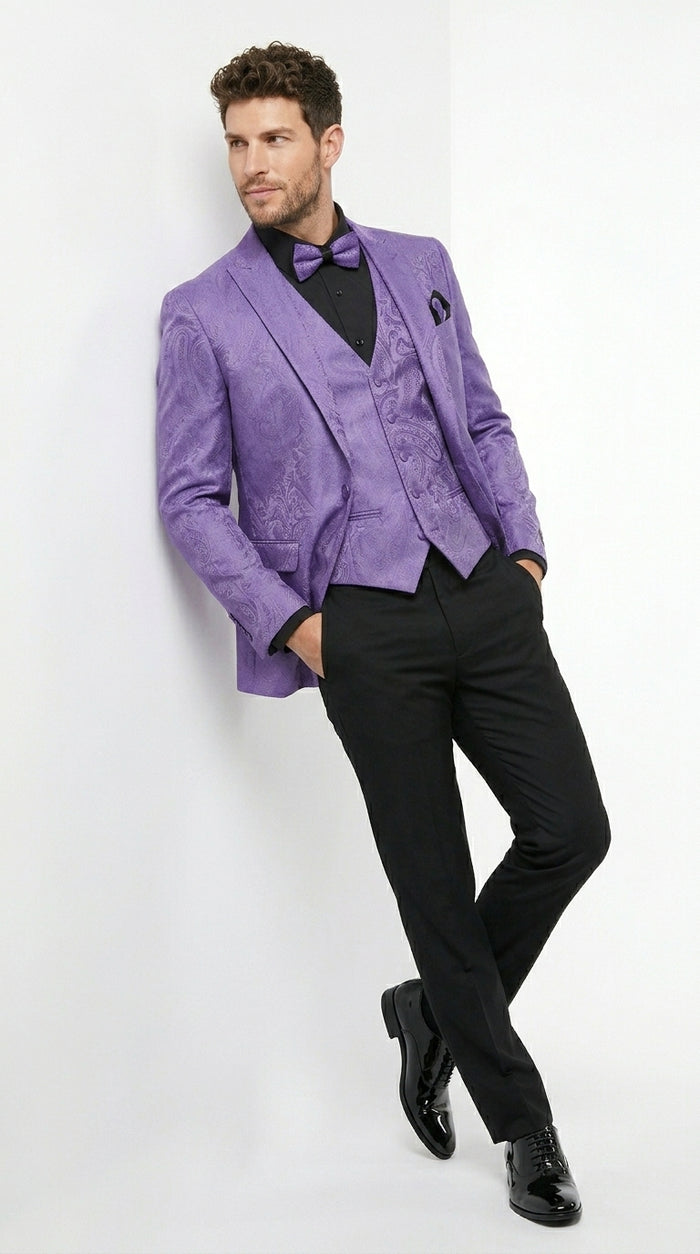 Men’s Purple Paisley Prom Tuxedo Suit, Wedding Floral Jacket with Matching Vest and Pants