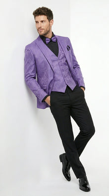 Men’s Purple Paisley Prom Tuxedo Suit, Wedding Floral Jacket with Matching Vest and Pants