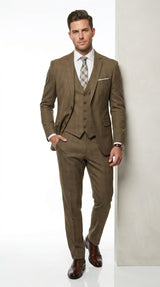 Men’s Taupe Tan Coffee Windowpane Plaid 3 Piece Suit, Two Button Vested Wedding Business Suit Set
