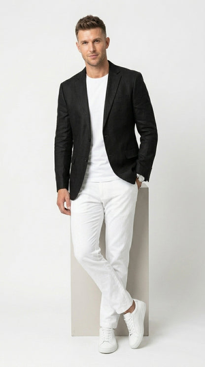 Men’s Black Lightweight Linen Blazer, Summer Business Casual Wedding Sport Coat Jacket
