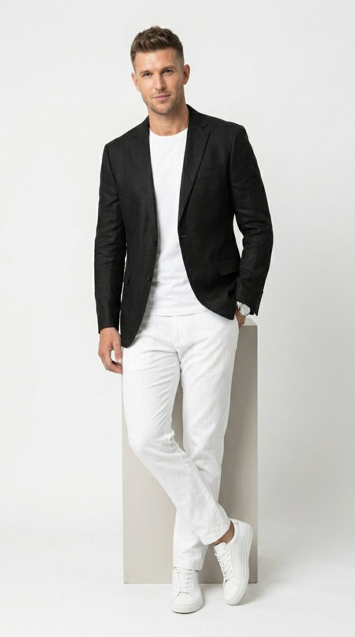 Men’s Black Lightweight Linen Blazer, Summer Business Casual Wedding Sport Coat Jacket