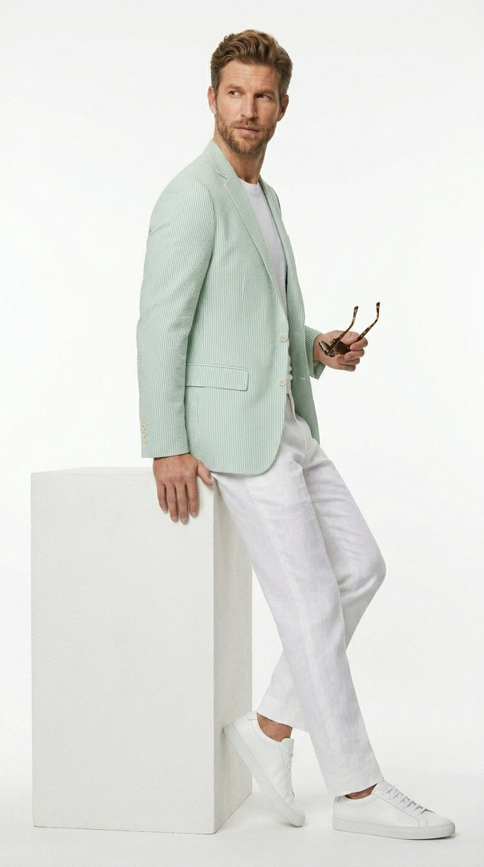 Men’s Green Seersucker Blazer, Lightweight Summer Wedding Business Casual Sport Coat Jacket