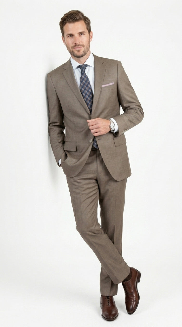 Men’s Taupe 2 Button Suit, Classic Business Wedding Church Formal Dress Suit Set