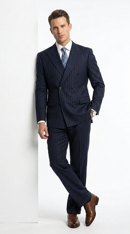 Men’s Dark Navy Blue Pinstripe Double Breasted Suit, Formal Business Wedding Dress Suit Set
