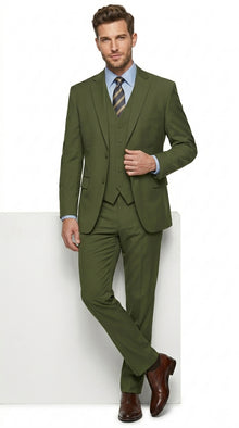Men’s Olive Vested Suit, Classic Fit 3 Piece Flat Front Formal Wedding Business Suit Set
