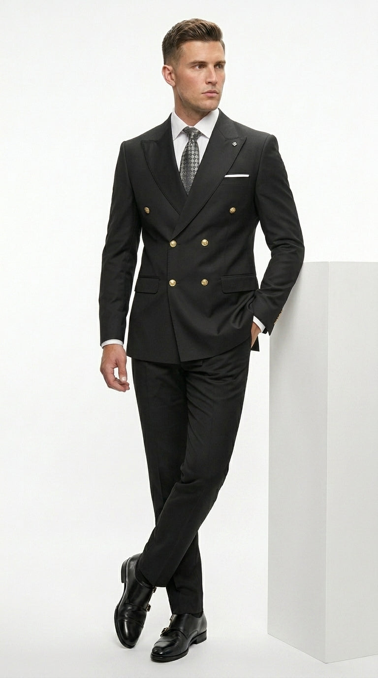 Men’s Black Double Breasted Wool Suit with Gold Buttons, Designer Formal Wedding Business Suit Set Modern Fit