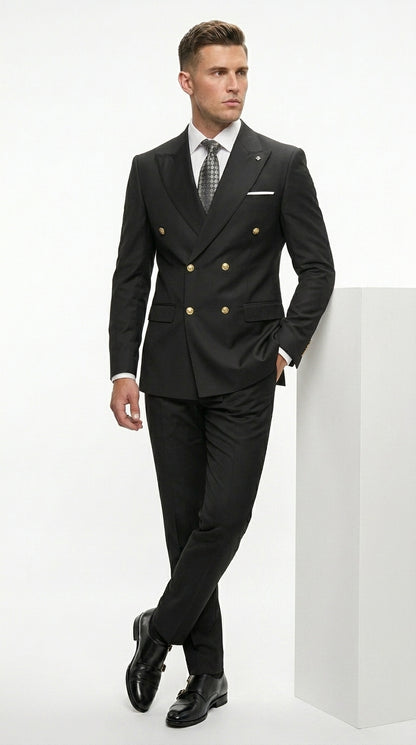 Men’s Black Double Breasted Wool Suit with Gold Buttons, Designer Formal Wedding Business Suit Set Modern Fit