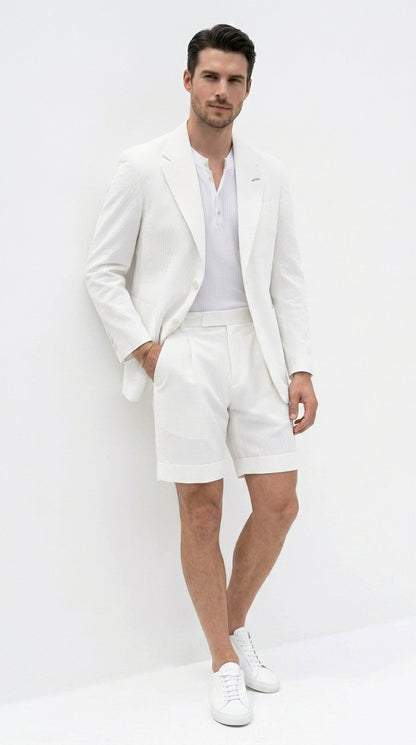 Men’s White Seersucker Suit with Shorts, Summer Wedding Beach Casual Mini Pinstripe Suit Set Modern Fit