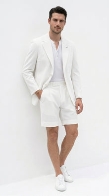 Men’s White Seersucker Suit with Shorts, Summer Wedding Beach Casual Mini Pinstripe Suit Set