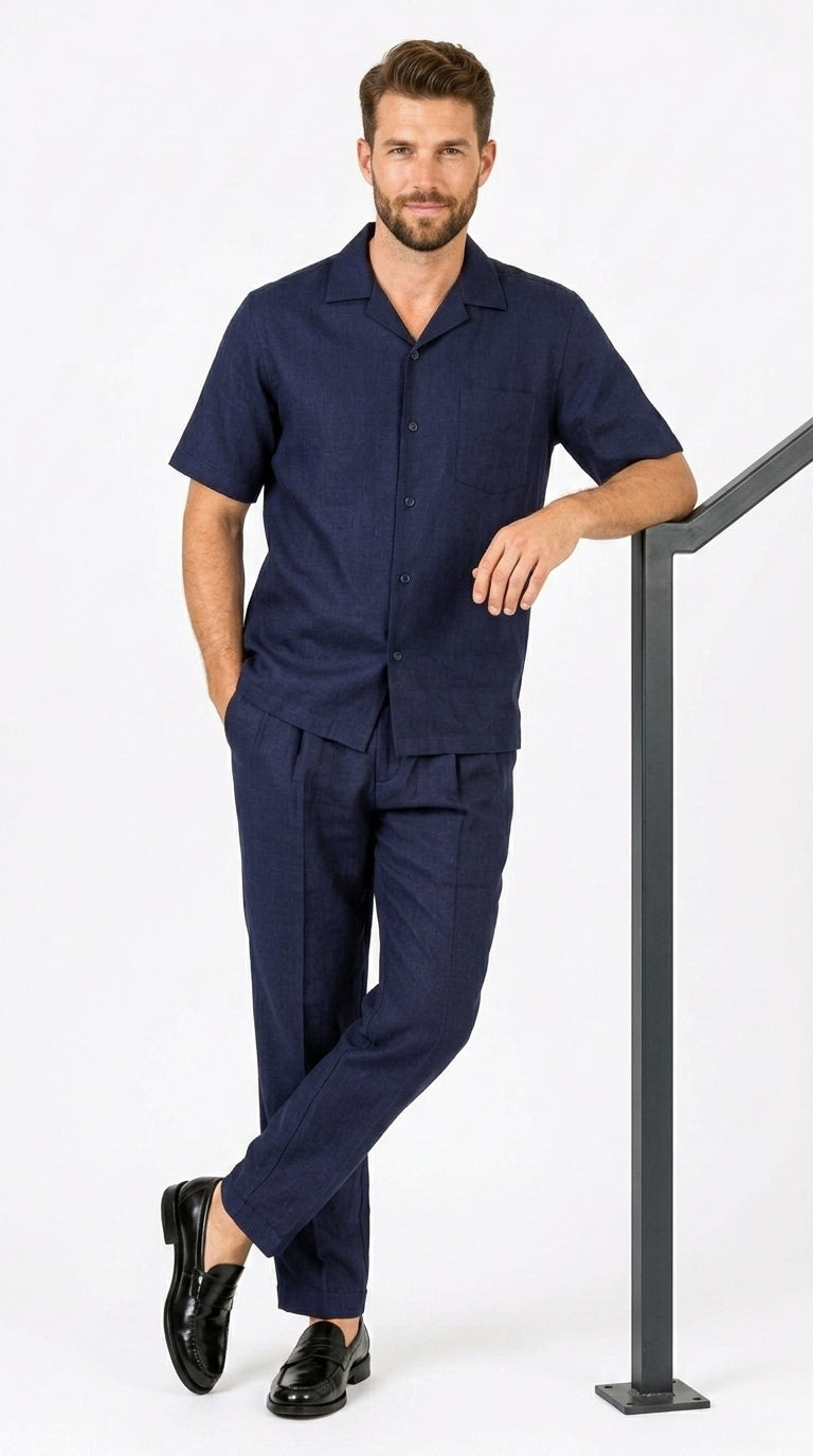 Men’s Dark Navy Linen Short Sleeve Walking Suit, Casual 2 Piece Shirt and Pleated Pants Set Navy / M or Medium