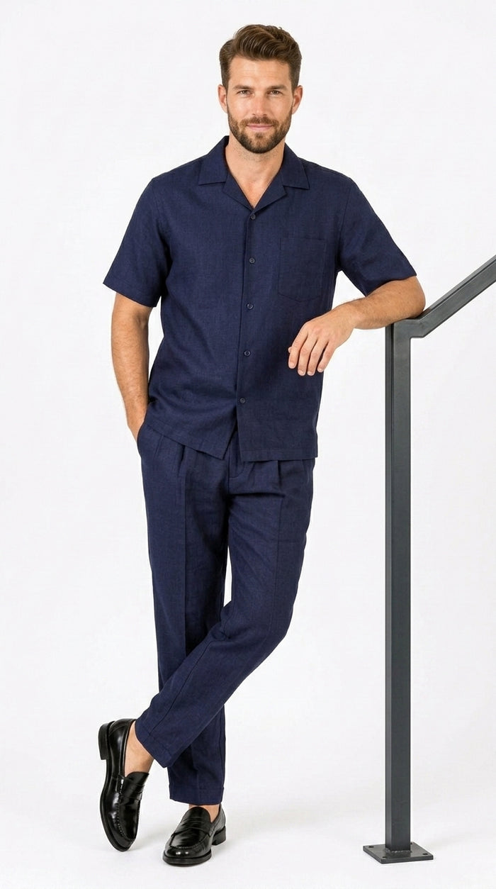 Men’s Dark Navy Linen Short Sleeve Walking Suit, Casual 2 Piece Shirt and Pleated Pants Set