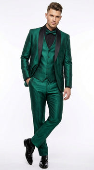 Men’s Emerald Green 3 Piece Tuxedo with Black Satin Shawl Lapel and Matching Vest