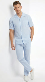 Men’s Blue Seersucker 2 Piece Walking Set, Short Sleeve Shirt and Pants Summer Outfit