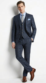 Men’s Charcoal Grey and Blue Plaid 3 Piece Vested Suit, Formal Wedding Business Dress Suit Set