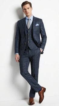 Men’s Charcoal Grey and Blue Plaid 3 Piece Vested Suit, Formal Wedding Business Dress Suit Set