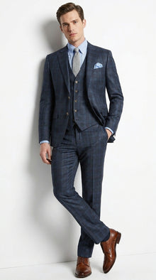 Men’s Charcoal Grey and Blue Plaid 3 Piece Vested Suit, Formal Wedding Business Dress Suit Set