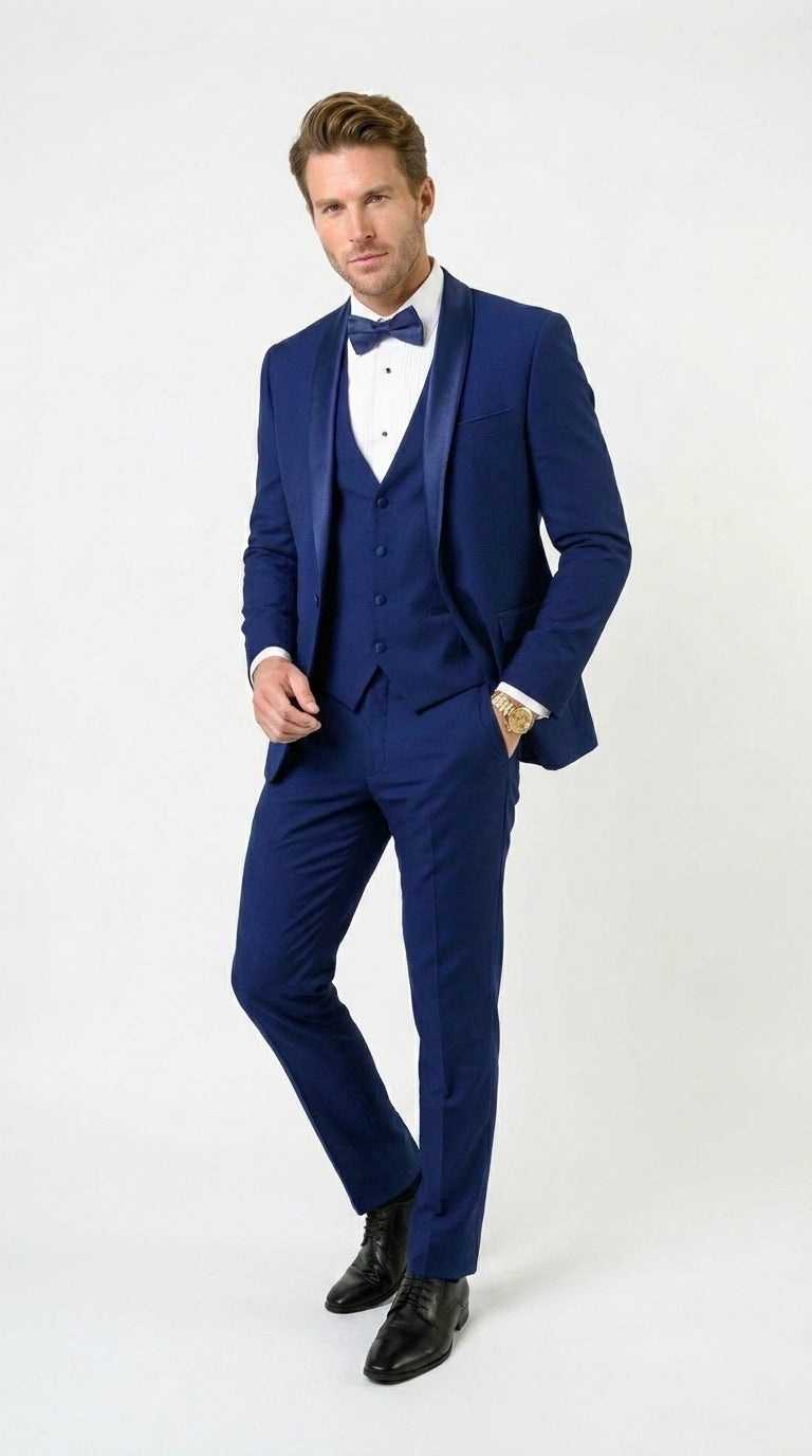 Men’s Bright Sapphire Blue 1 Button Shawl Lapel Vested Tuxedo, Formal Wedding Prom Dinner Suit Set