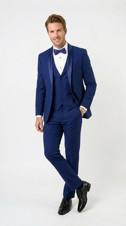 Men’s Bright Sapphire Blue 1 Button Shawl Lapel Vested Tuxedo, Formal Wedding Prom Dinner Suit Set