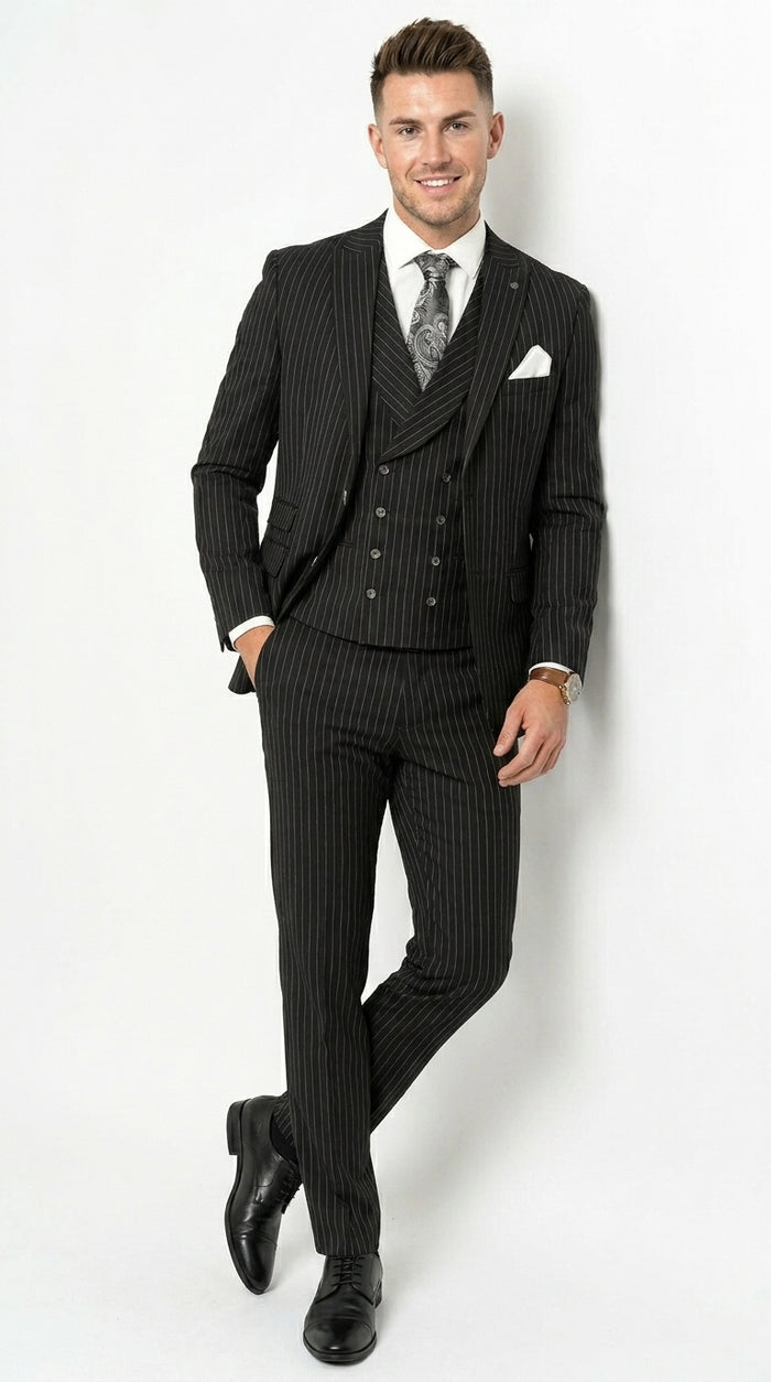 Mens Italian Wool Suit Color Black - Men's Designer Wool Pleated Pant Vested Black Gangster Pinstripe Suit