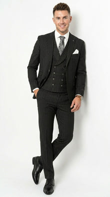 Mens Italian Wool Suit Color Black - Men's Designer Wool Pleated Pant Vested Black Gangster Pinstripe Suit