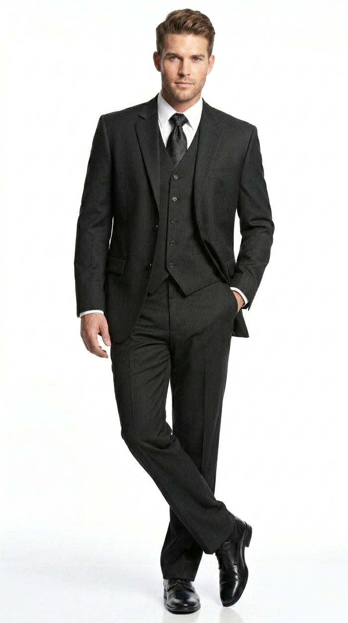 Men’s Black Shadow Stripe 3 Piece Suit, Tone on Tone Pinstripe Italian Design Formal Suit