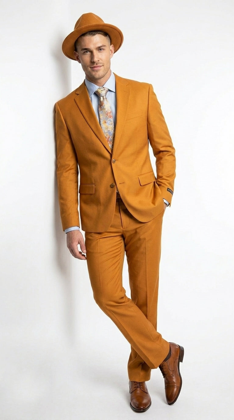 Men’s Light Rust Copper 2 Button Modern Fit Suit, Fall Color Church Dress Suit
