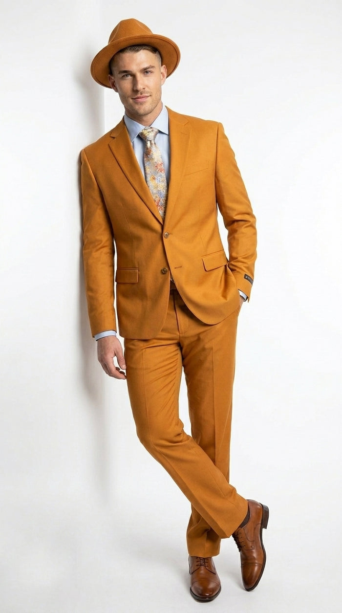 Men’s Light Rust Copper 2 Button Modern Fit Suit, Fall Color Church Dress Suit