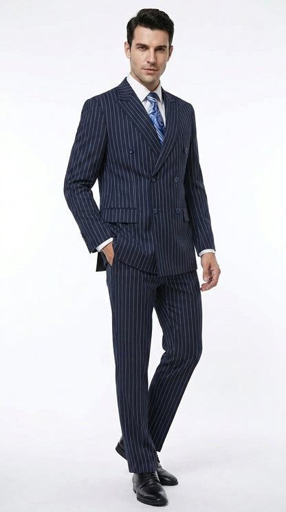 Men’s Navy Blue Double Breasted Gangster Pinstripe Suit, 1920s Formal Dress Suit