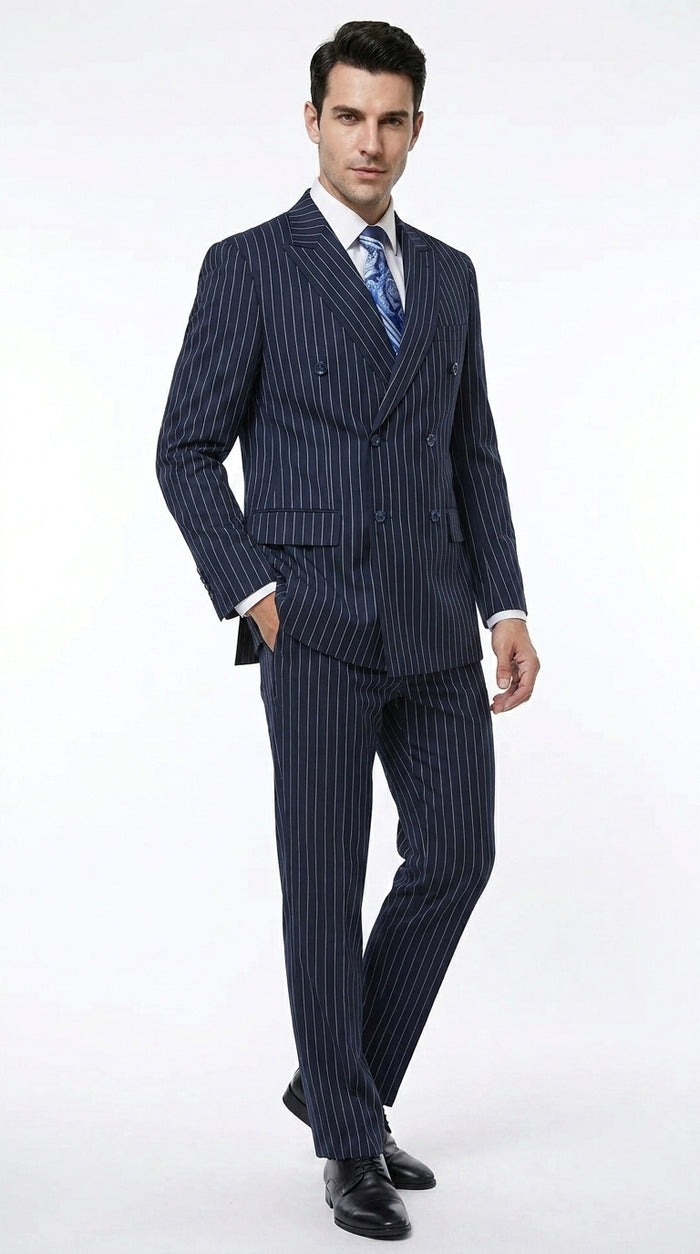Men’s Navy Blue Double Breasted Gangster Pinstripe Suit, 1920s Formal Dress Suit Modern Fit