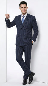 Men’s Navy Blue Double Breasted Gangster Pinstripe Suit, 1920s Formal Dress Suit