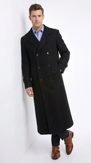 Men’s Black Diamond Solid Black Wool Double Breasted Gabardine Trench Coat