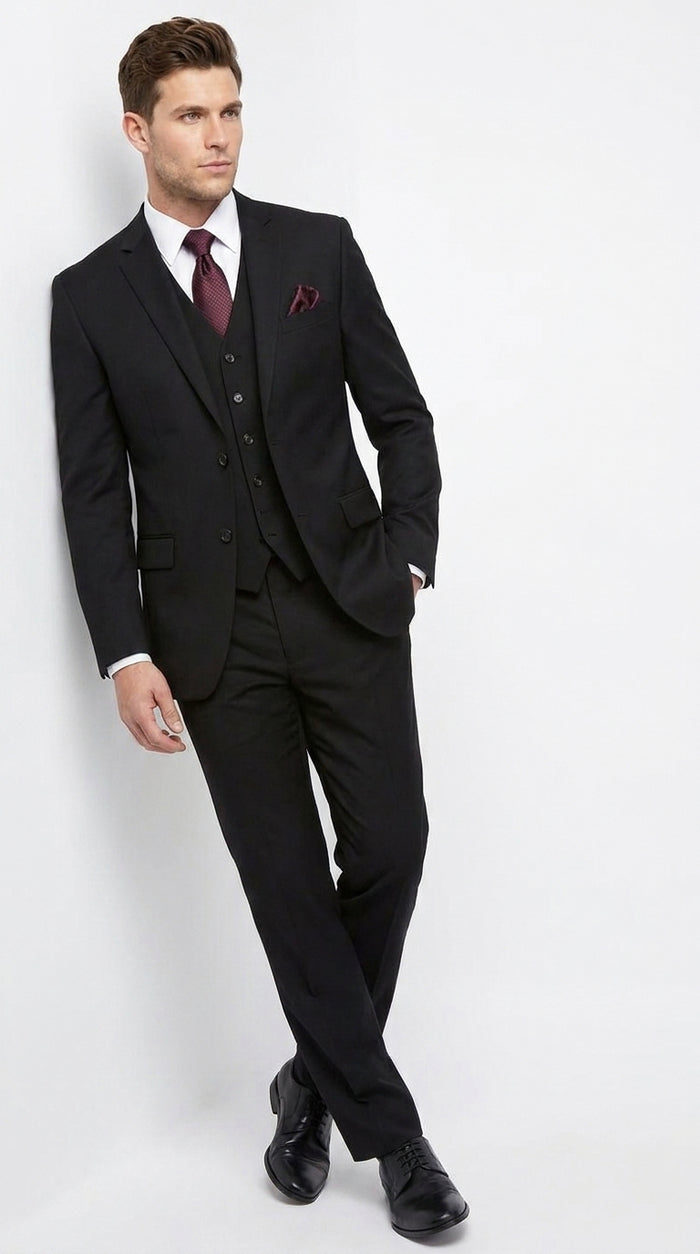 Men’s Black 3 Piece Wool Suit, Super 150’s Italian Fabric Business Wedding Formal Suit