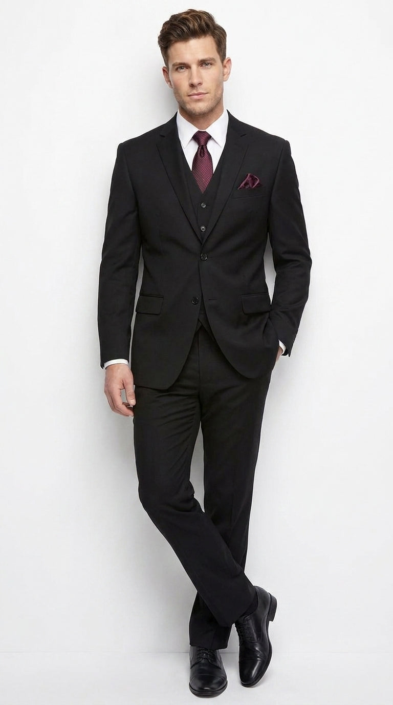 Men’s Black 3 Piece Wool Suit, Super 150’s Italian Fabric Business Wedding Formal Suit