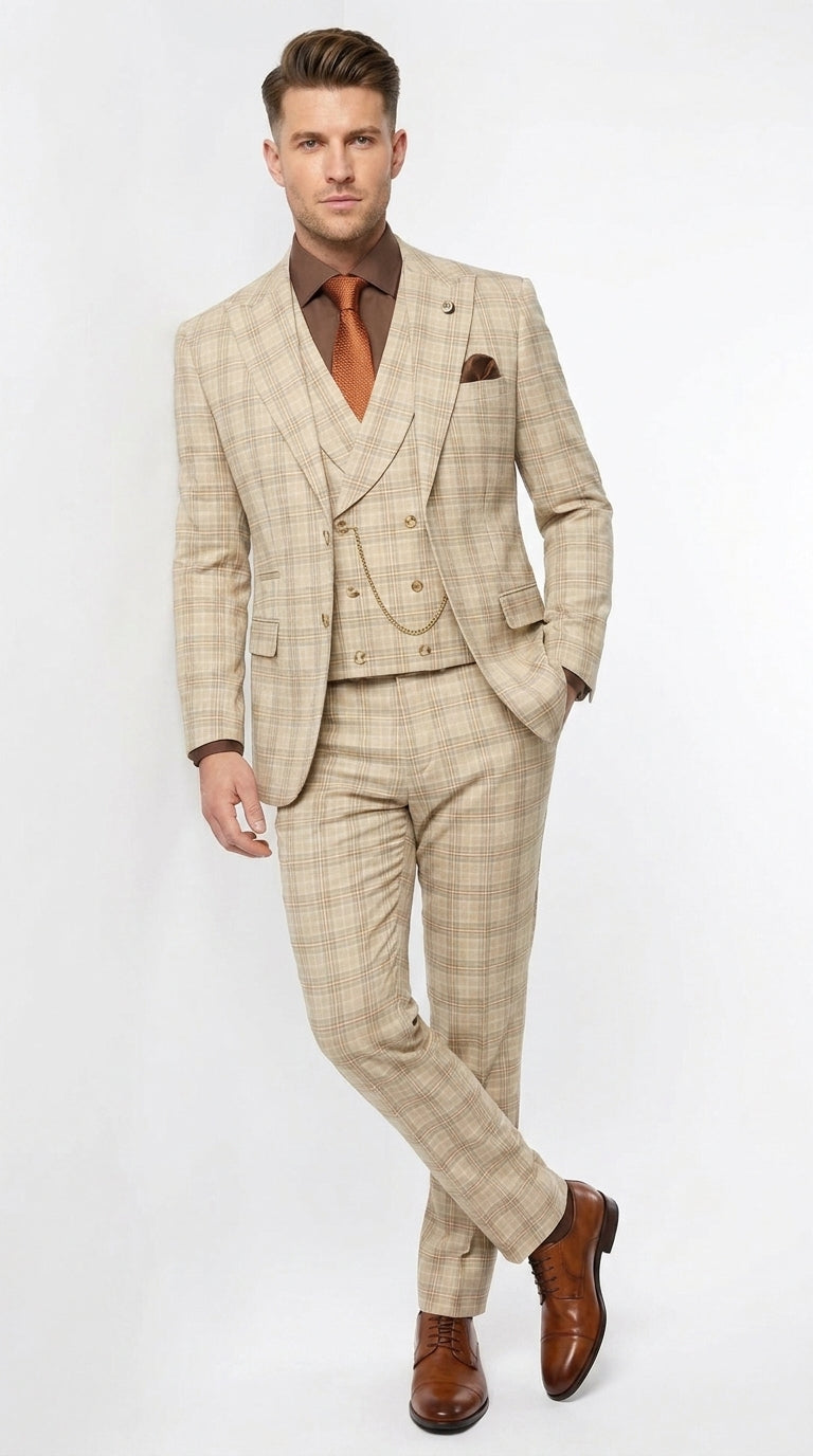Marc Darcy Men’s Khaki Tan Windowpane Plaid 3-Piece Wedding Suit – Double-Breasted Vest and Matching Pants Modern Fit