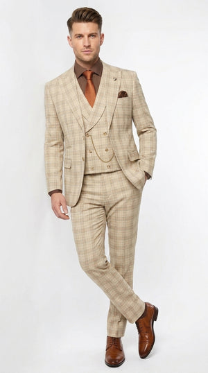 Marc Darcy Men’s Khaki Tan Windowpane Plaid 3-Piece Wedding Suit – Double-Breasted Vest and Matching Pants