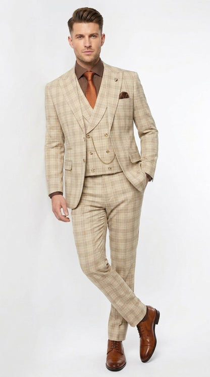 Marc Darcy Men’s Khaki Tan Windowpane Plaid 3-Piece Wedding Suit – Double-Breasted Vest and Matching Pants Modern Fit