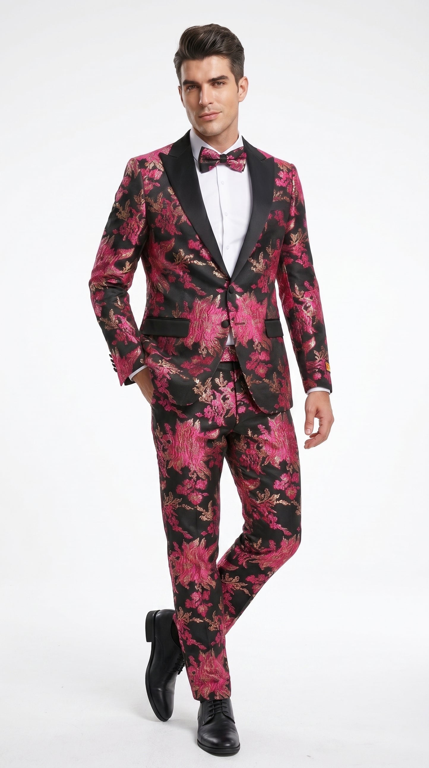 Men’s Fuchsia Pink and Black Floral Paisley Prom Tuxedo Suit, Shawl Lapel Wedding Party Formal Wear
