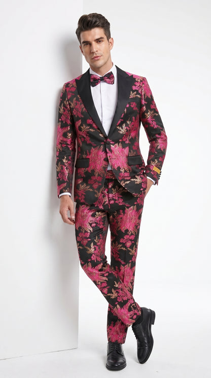 Men’s Fuchsia Pink and Black Floral Paisley Prom Tuxedo Suit, Shawl Lapel Wedding Party Formal Wear