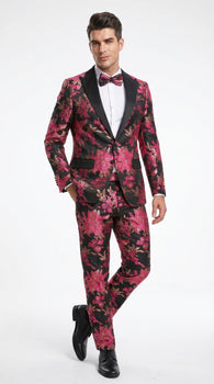 Men’s Fuchsia Pink and Black Floral Paisley Prom Tuxedo Suit, Shawl Lapel Wedding Party Formal Wear