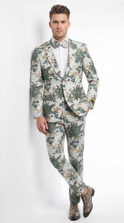 Men’s Green and Gold Floral Paisley Tuxedo Suit with Matching Bow Tie, Fancy Prom Wedding Formal Suit Set