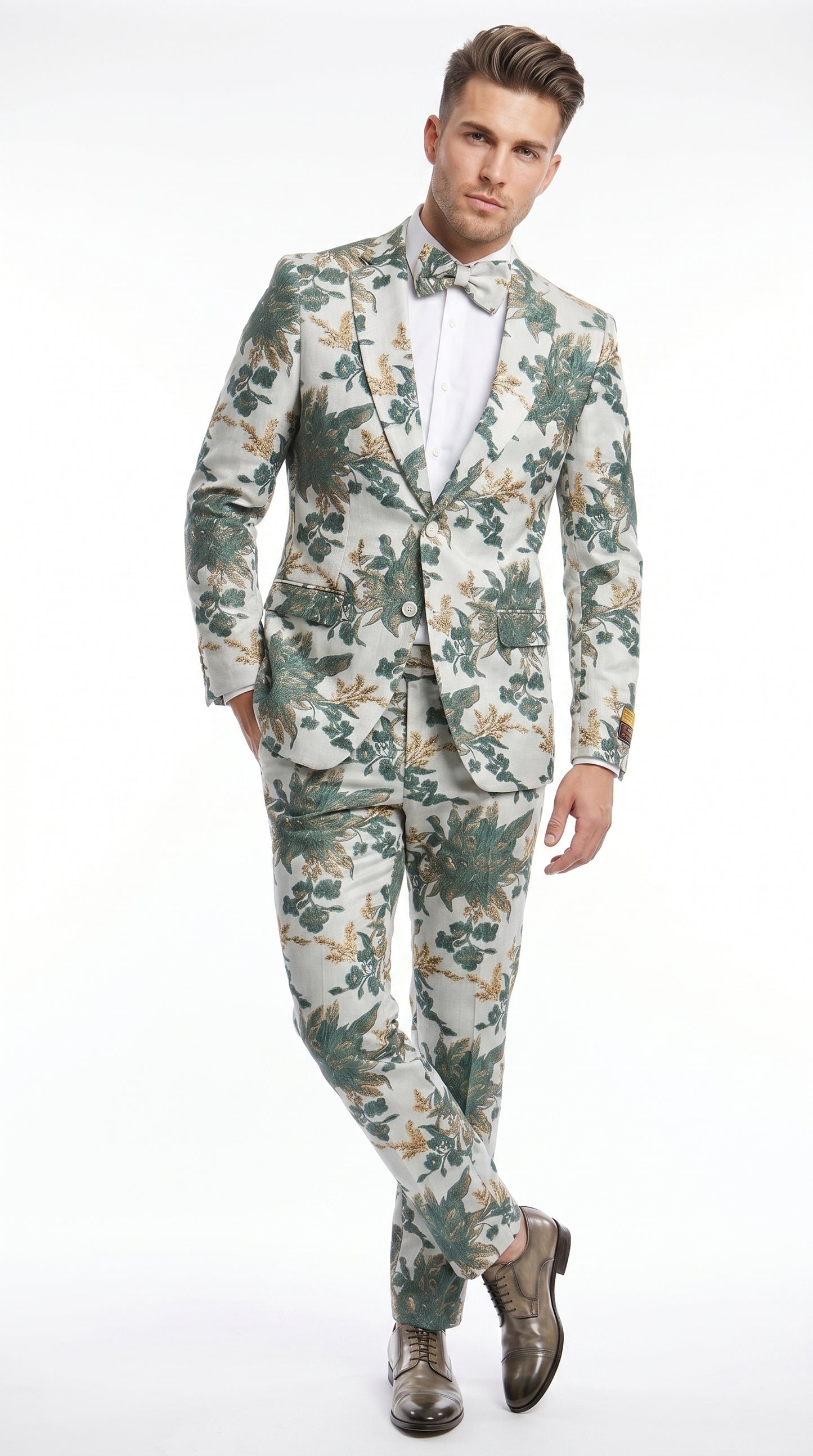 Men’s Green and Gold Floral Paisley Tuxedo Suit with Matching Bow Tie, Fancy Prom Wedding Formal Suit Set