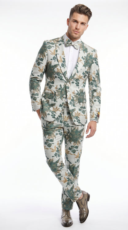 Men’s Green and Gold Floral Paisley Tuxedo Suit with Matching Bow Tie, Fancy Prom Wedding Formal Suit Set